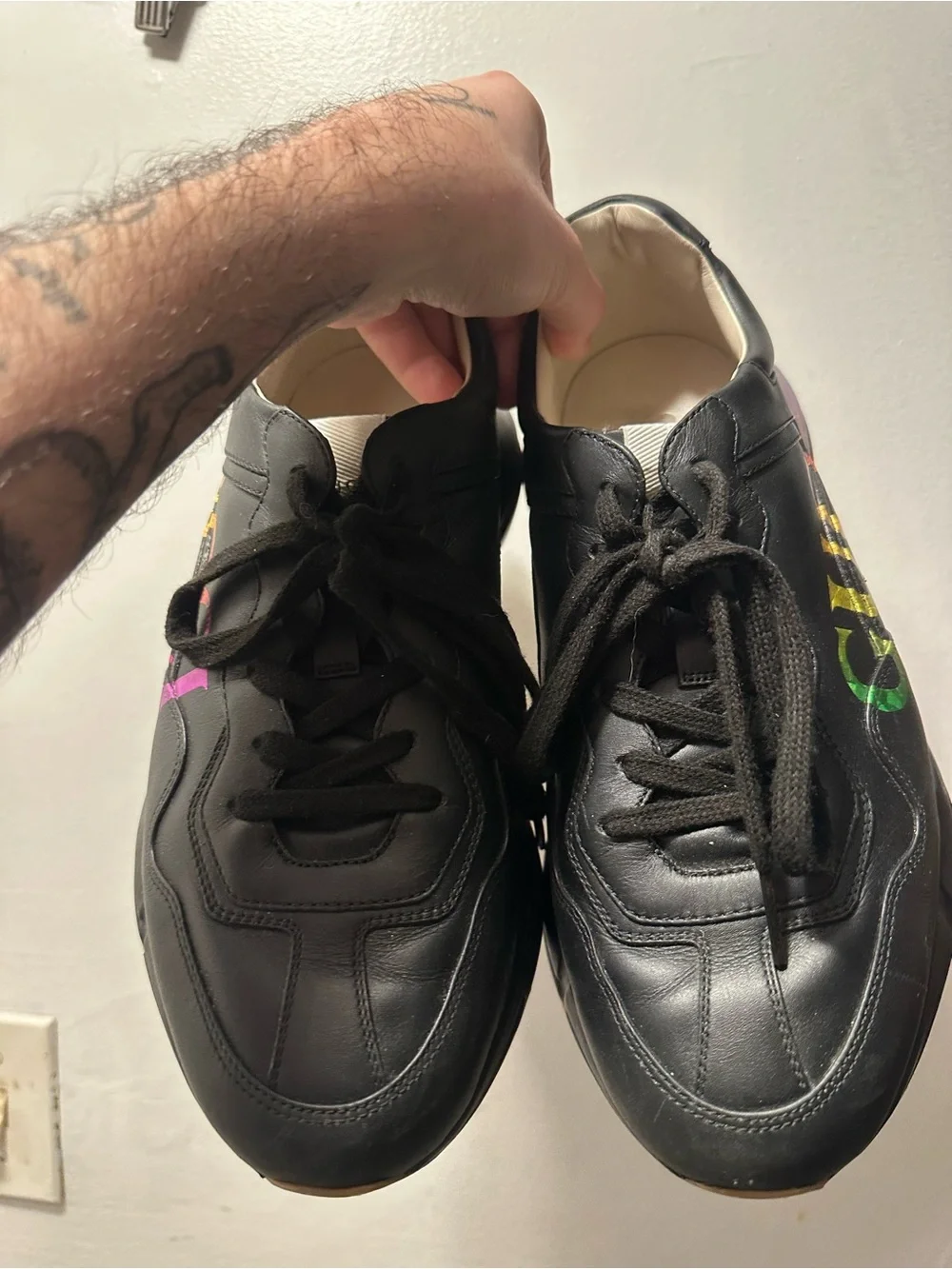 Gucci Black Leather Men's Sneaker with Rainbow Logo Accent 8.5